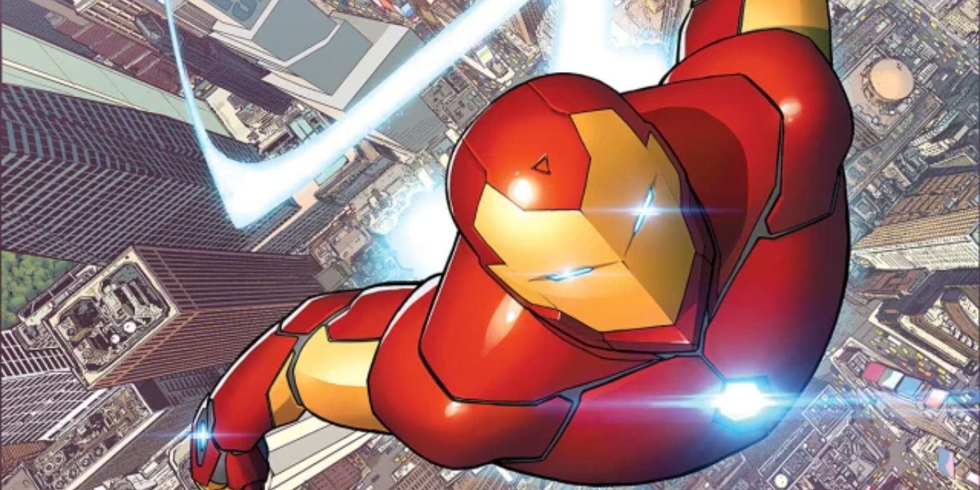 Iron Man soaring above New York in David Marquez's cover art.