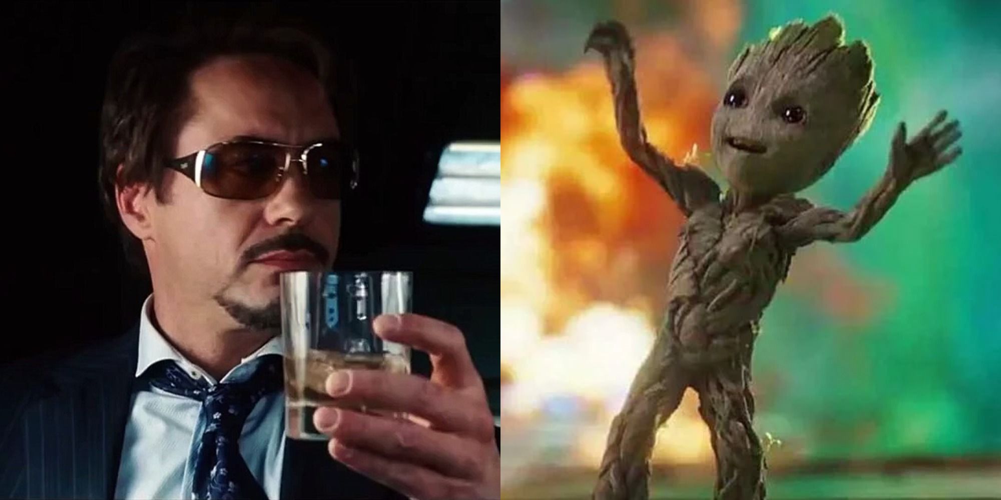 Split image showing Tony drinkin in Iron Man and Bbay Groot dancing in GotG Vol. 2
