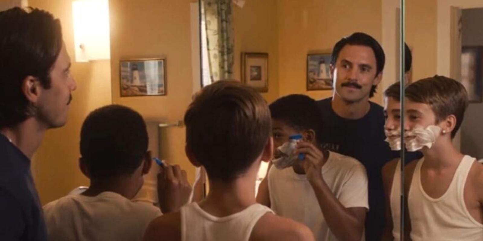 Jack Pearson teaches Randall and Kevin how to shave in This Is Us