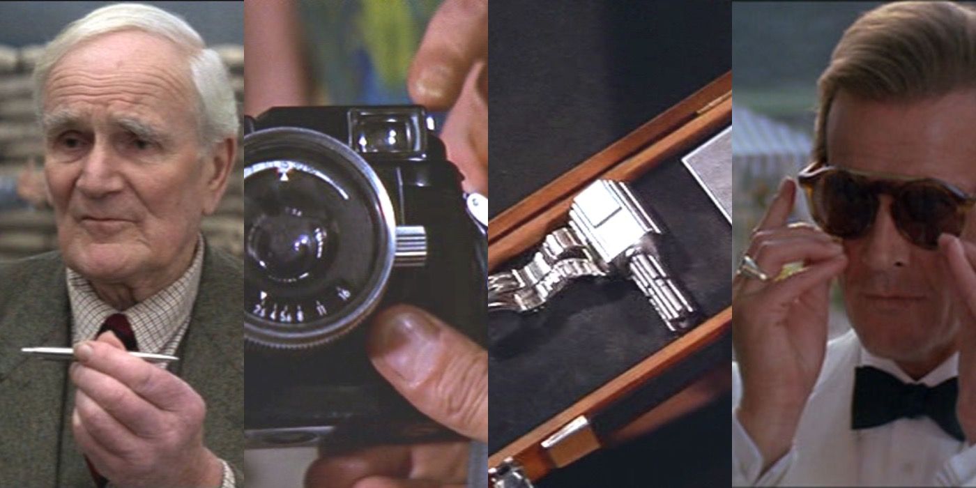 Four vertical photos of James Bond Gadgets as well as Q and Roger Moore