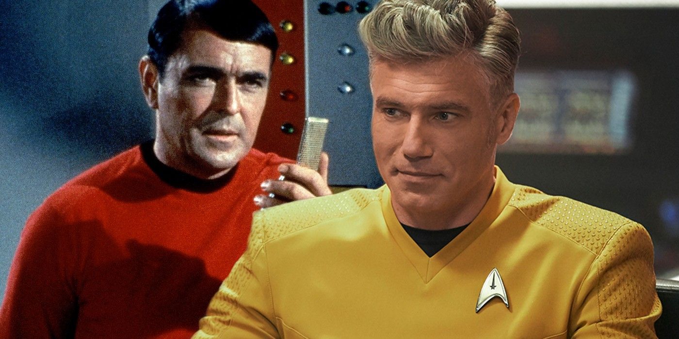 James Doohan como Scotty em Star Trek TOS e Anson Mount como Christopher Pike em Star Trek Strange New Worlds