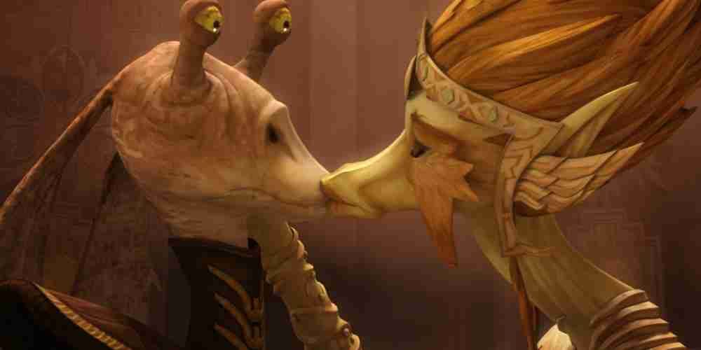 Jar Jar Binks has a kissing scene with a queen in Star Wars the Clone Wars.