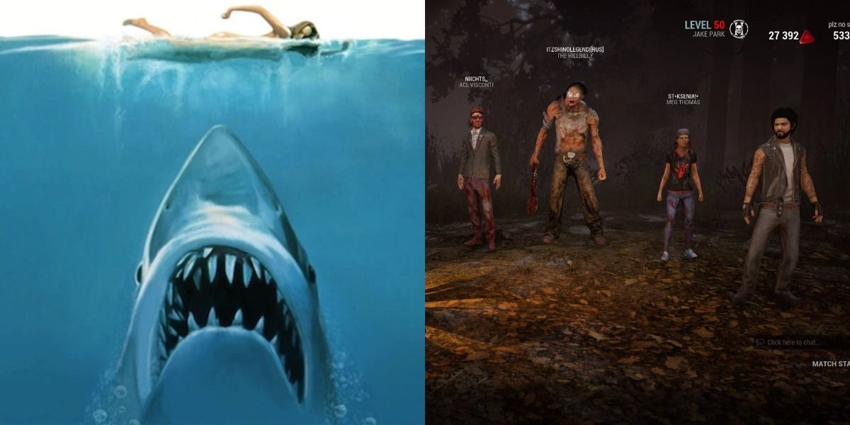 Jaws rises to eat a girl and the pregame lobby of Dead by Daylight.