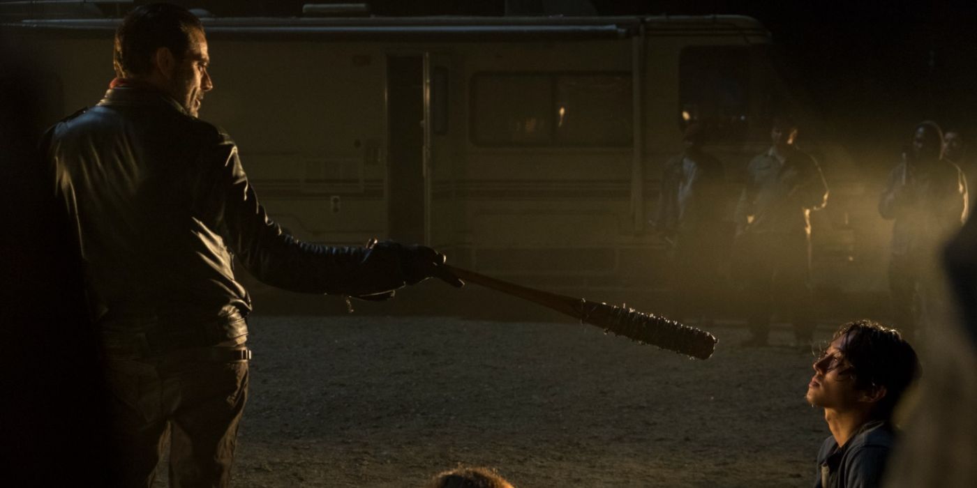 Negan points bat at Glenn in The Walking Dead