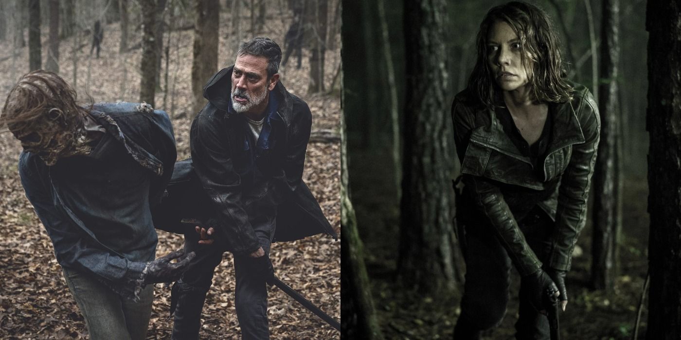 Negan fighting a walker and Maggie holding a gun surrounded by trees in The Walking Dead