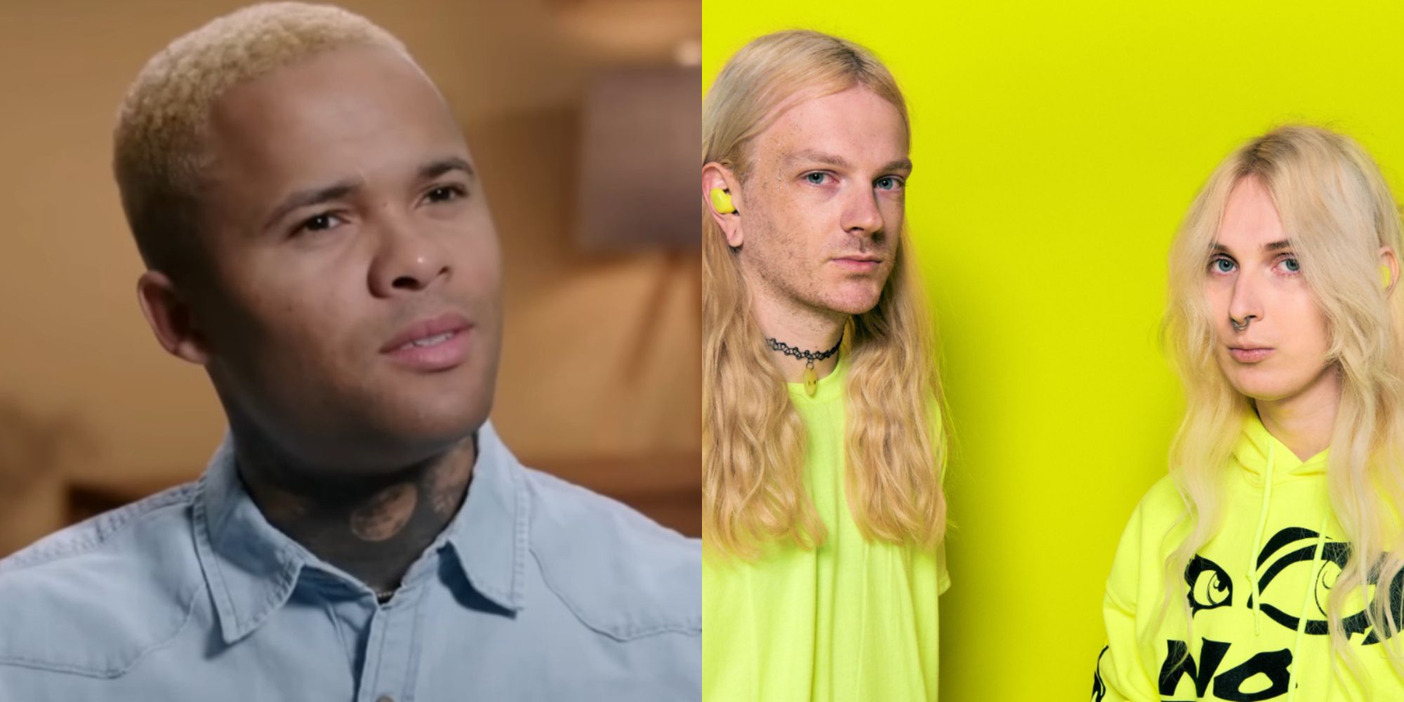 Split image showing Jibri Bell in 90 Day Fiancé and the band 100 Gecs.