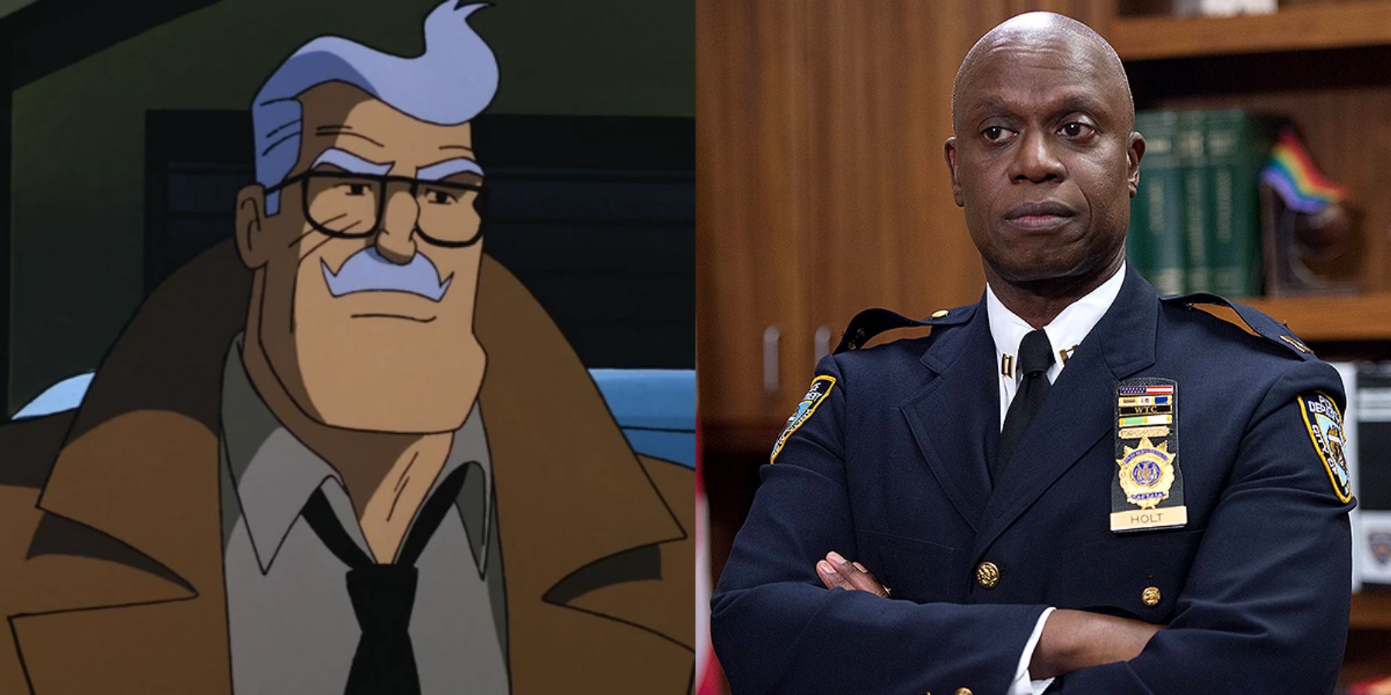 Split image of Jim Gordon in Batman: The Animated Series and Andre Braugher in Brooklyn 99