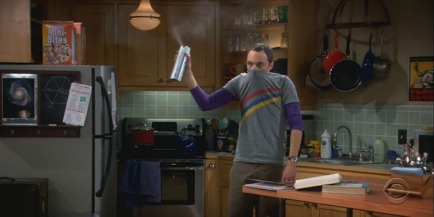 Sheldon spraying desinfectant in The Big Bang Theory.