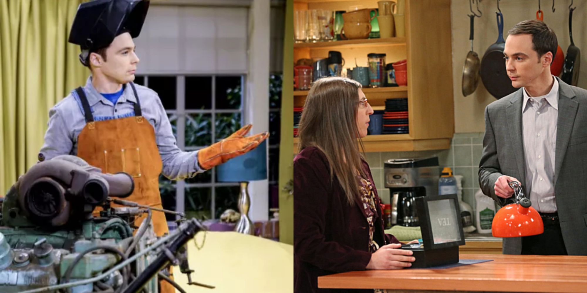 Split image showing Sheldon with a train engine and with Amy preparing tea in TBBT.