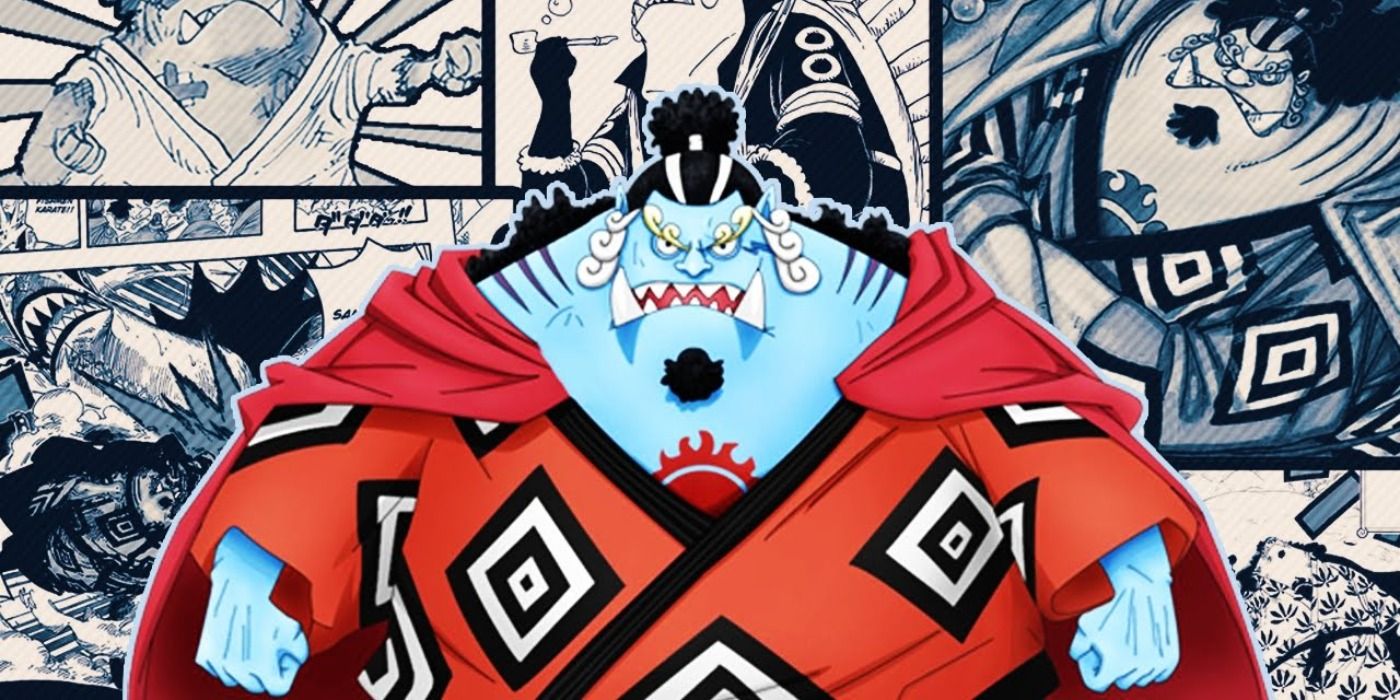 Jinbe in orange clothing looking angry with One Piece Colored Art Manga Panels behind him