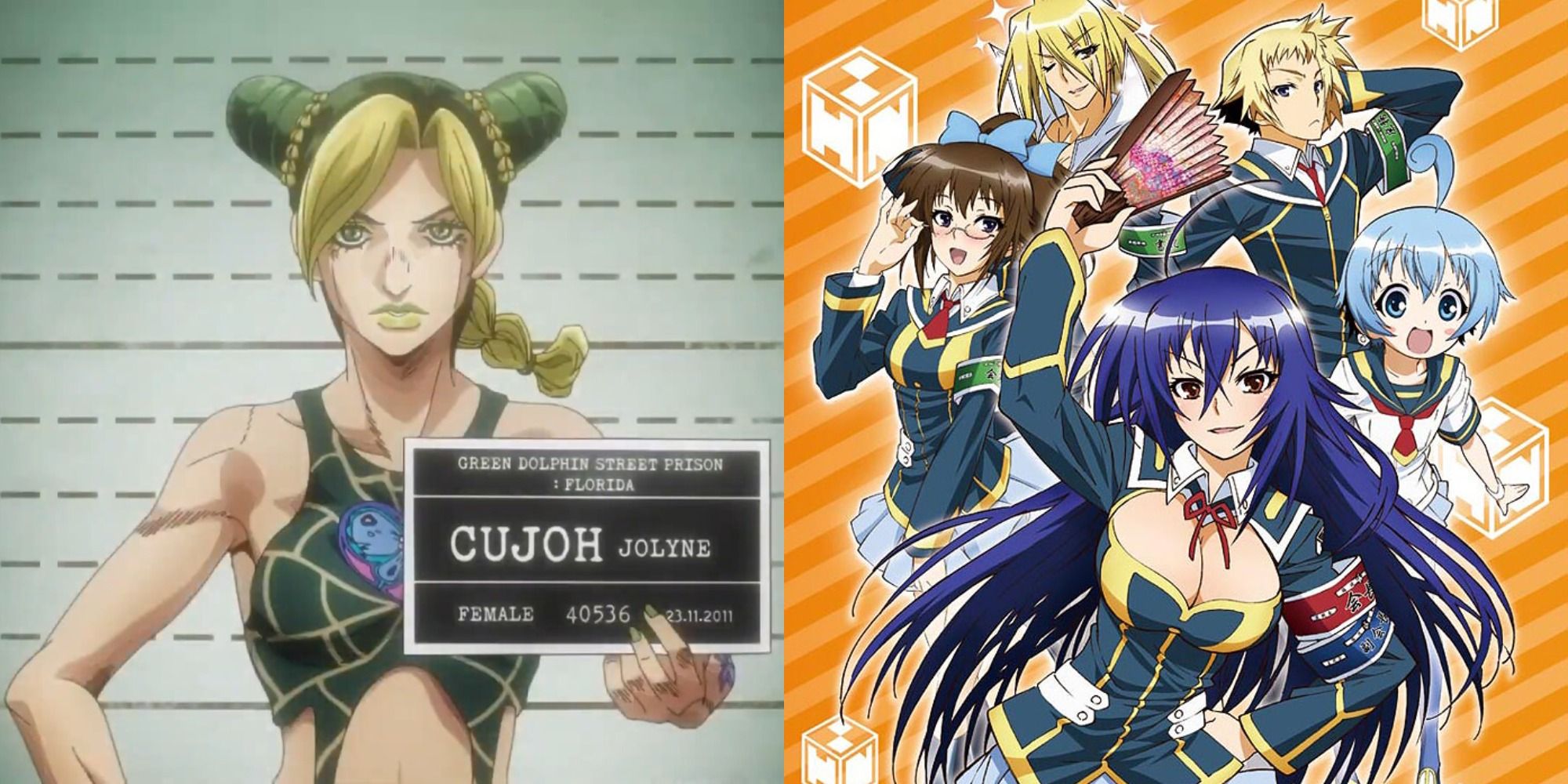 Split image showing characters from Jojo's Bizarre Adventure Stone Ocean and Medaka Box.