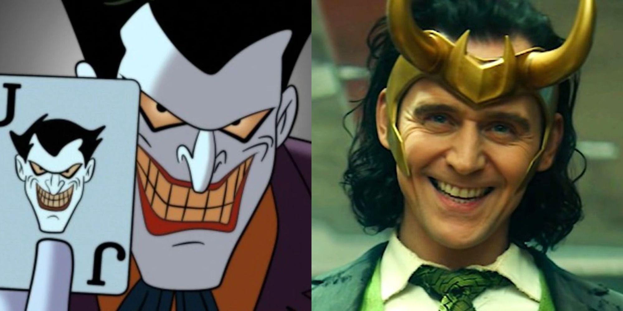 Split image of Joker in Batman: The Animated Series and Tom Hiddleston in Loki