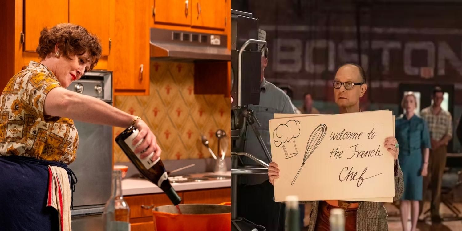 Julia cooking and Paul holding up a French Chef sign in Julia