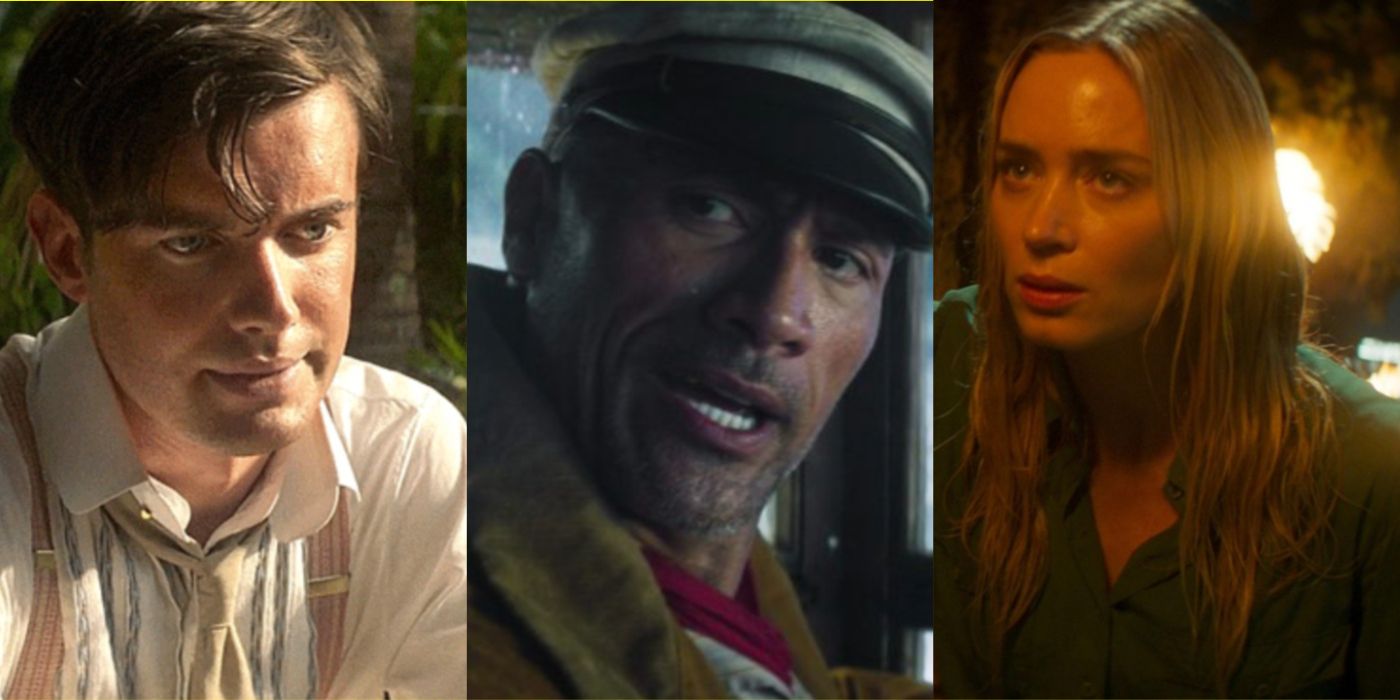 A split image features Jungle Cruise characters MacGregor, Frank, and Lily