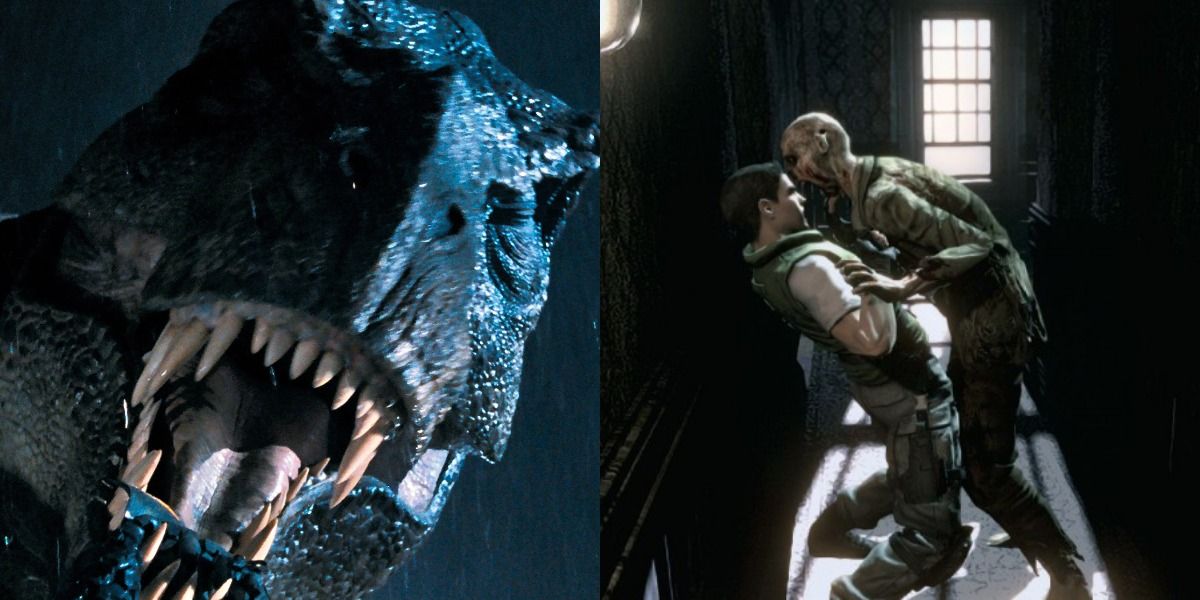 The T-Rex from Jurassic Park and Chris being attacked by a zombie in the Resident Evil remake.
