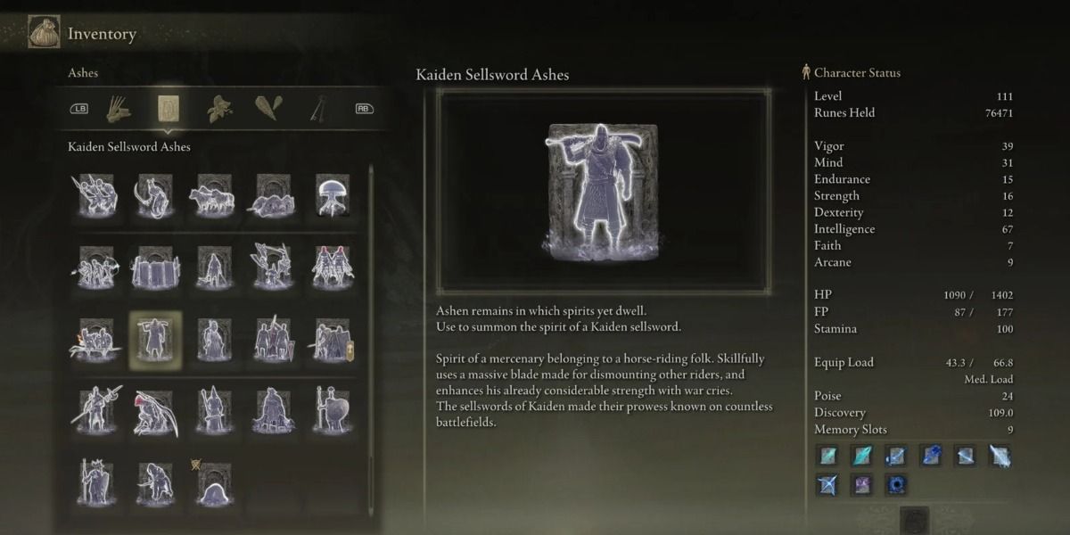A screenshot of a player's inventory, focused on the Kaiden Sellsword Spirit Summon in Elden RIng.