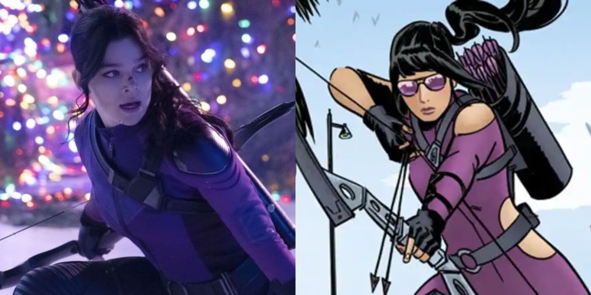 Split image of Kate Bishop in Hawkeye and in the comics