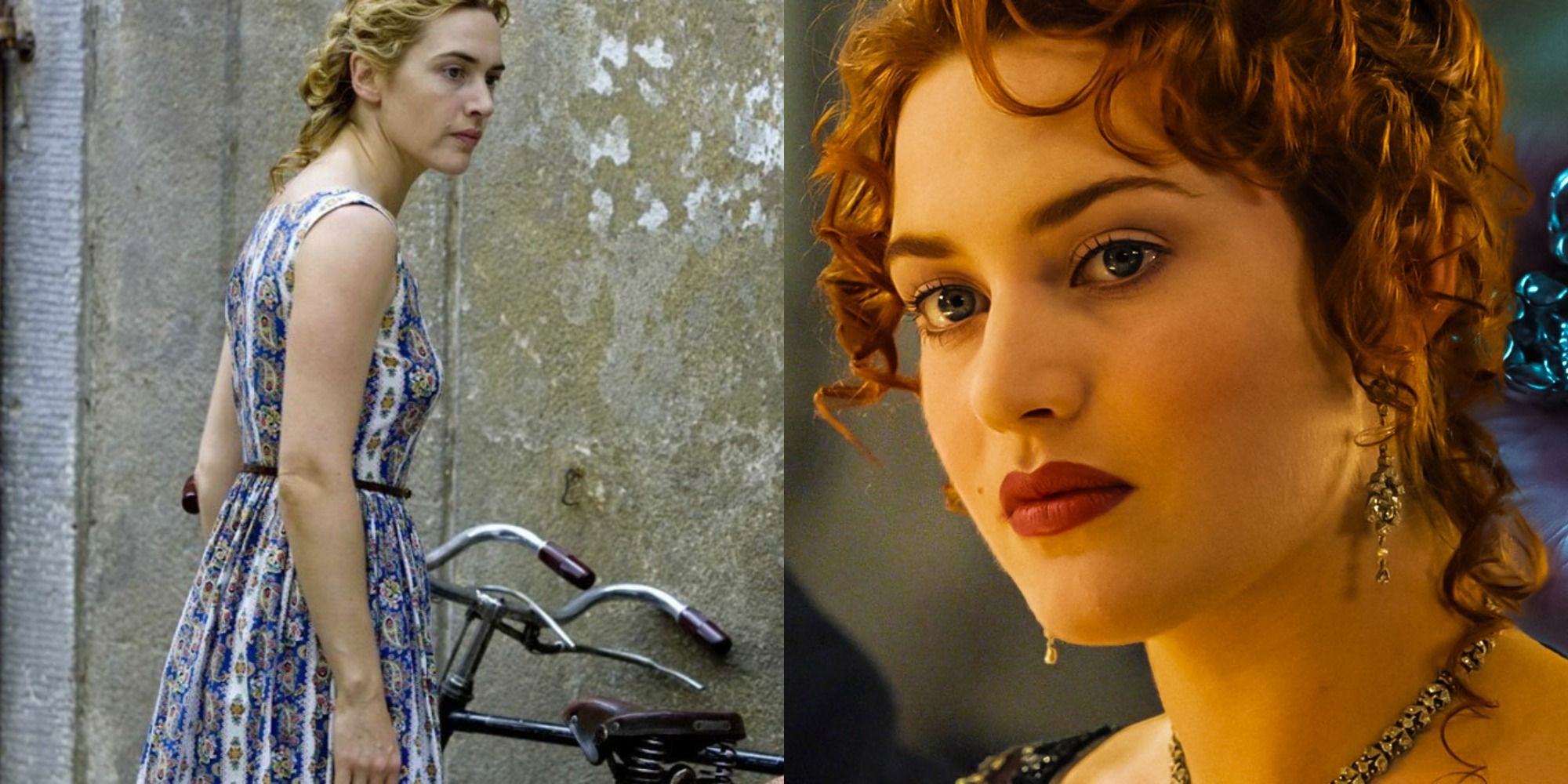 Two side by side images of Kate Winslet in Titanic and The Reader.
