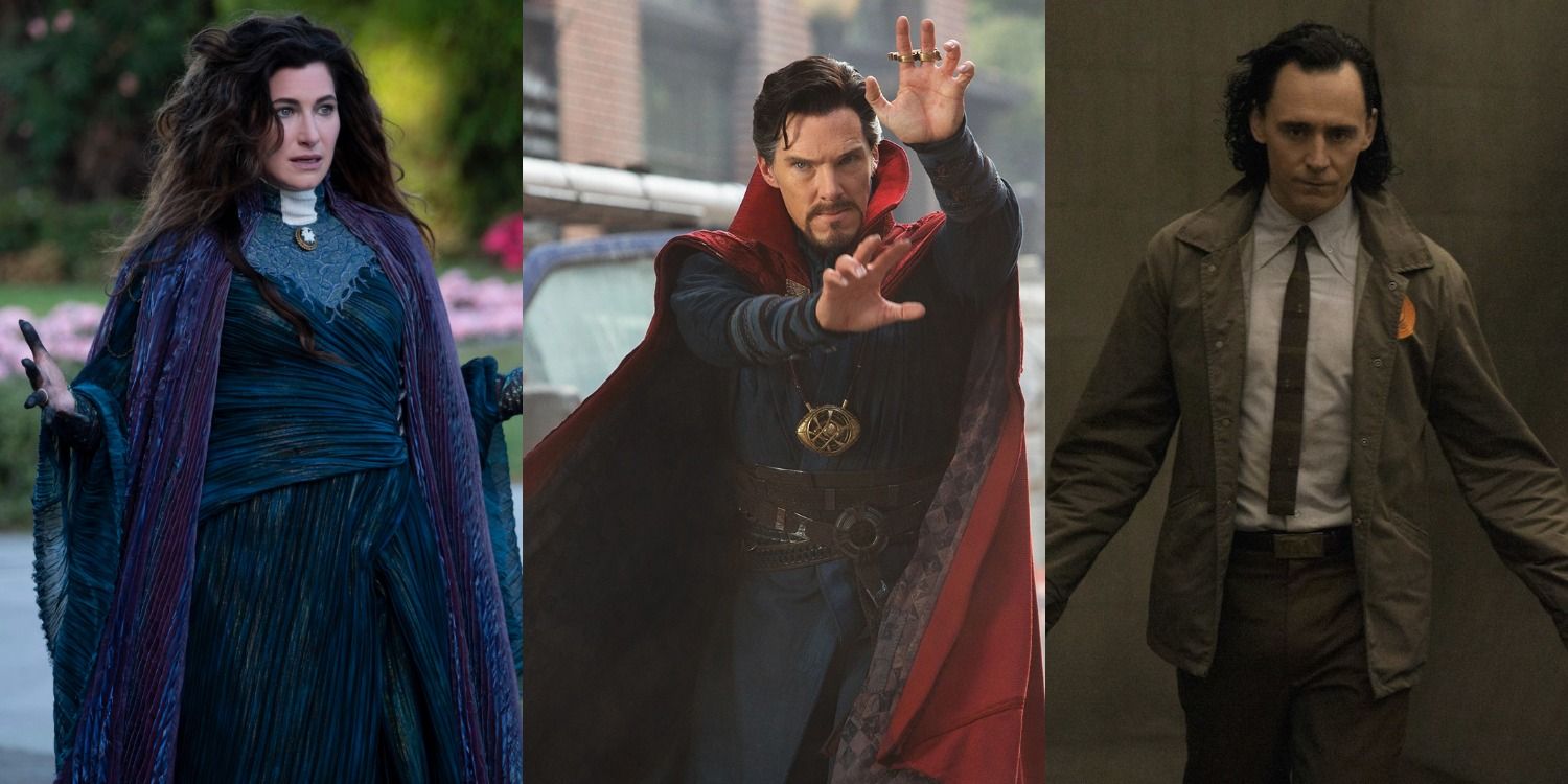 Kathryn Hahn as Agatha Harkness in Wandavision, Benedict Cumberbatch as Doctor Strange in Multiverse of Madness and Tom Hiddleston as Loki Split Image