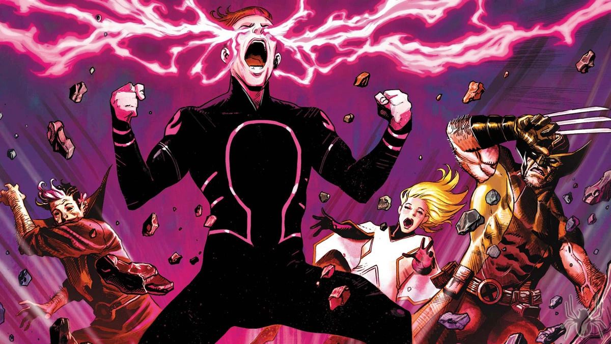 Kid Omega screaming with pink light coming out of his eyes.