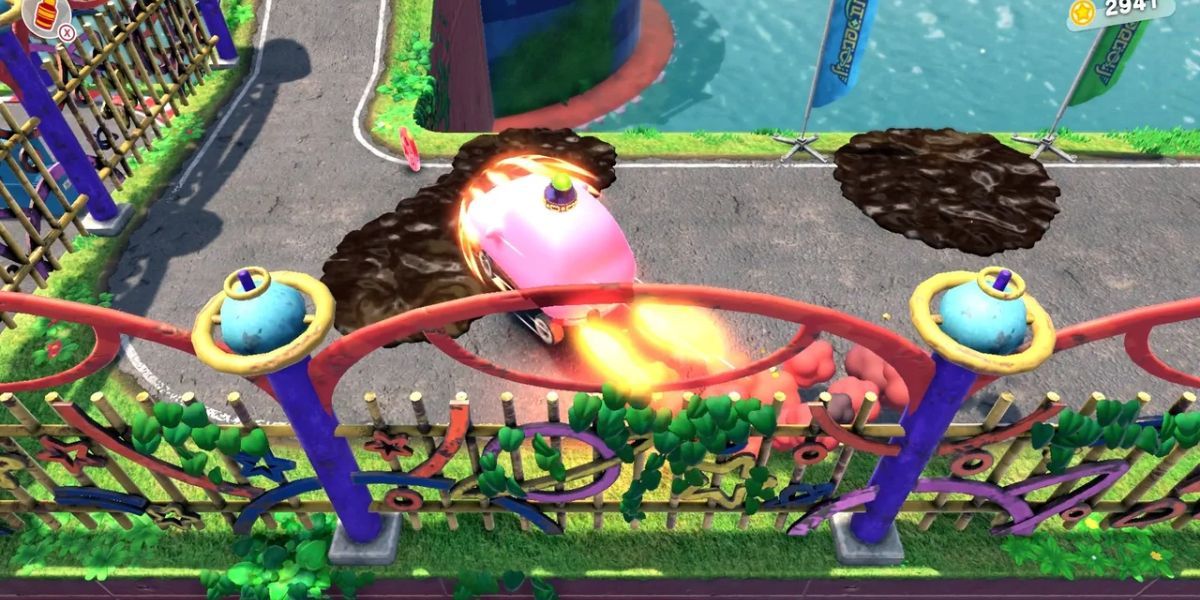Kirby using car mouthful mode in the Circuit Speedway stage.
