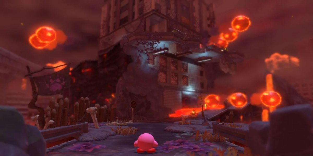 Kirby at the start of the stage Conquer the Inferno Road.