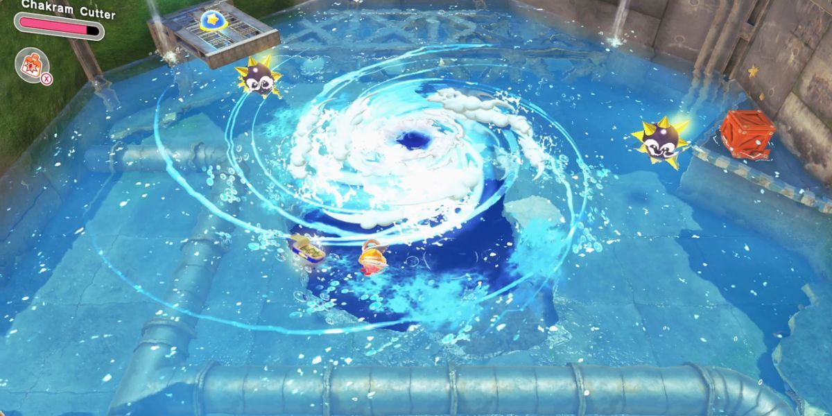 A whirlpool found in the stage Fast-Flowing Waterworks in Kirby and the Forgotten Land.