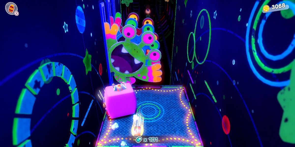 Kirby using vending mouth at the level Invasion at the House of Horrors.