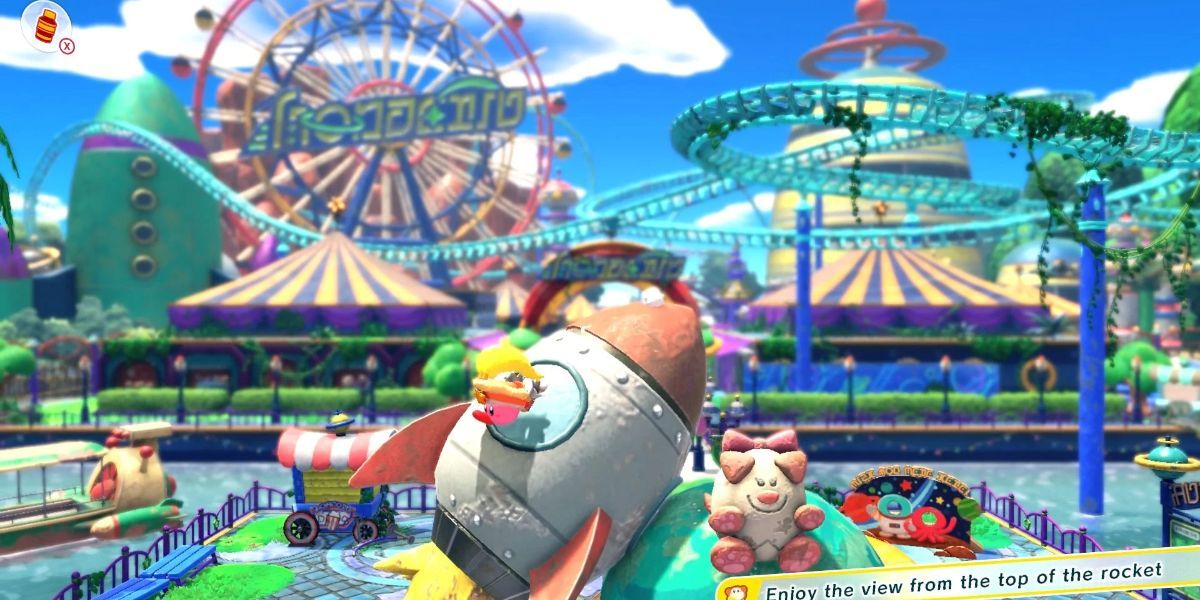 A rocket at the Kirby and the Forgotten Land Stage Welcome to Wondaria.