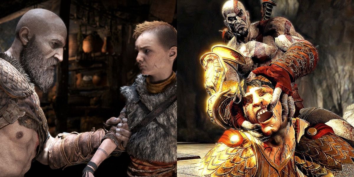 Kratos trains Atreus in God of War PS4 and Kratos rips Helios head off in God of War 3.