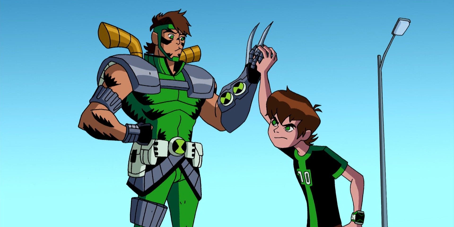 Ben angrily high fiving and older version of himself in Ben 10 omniverse
