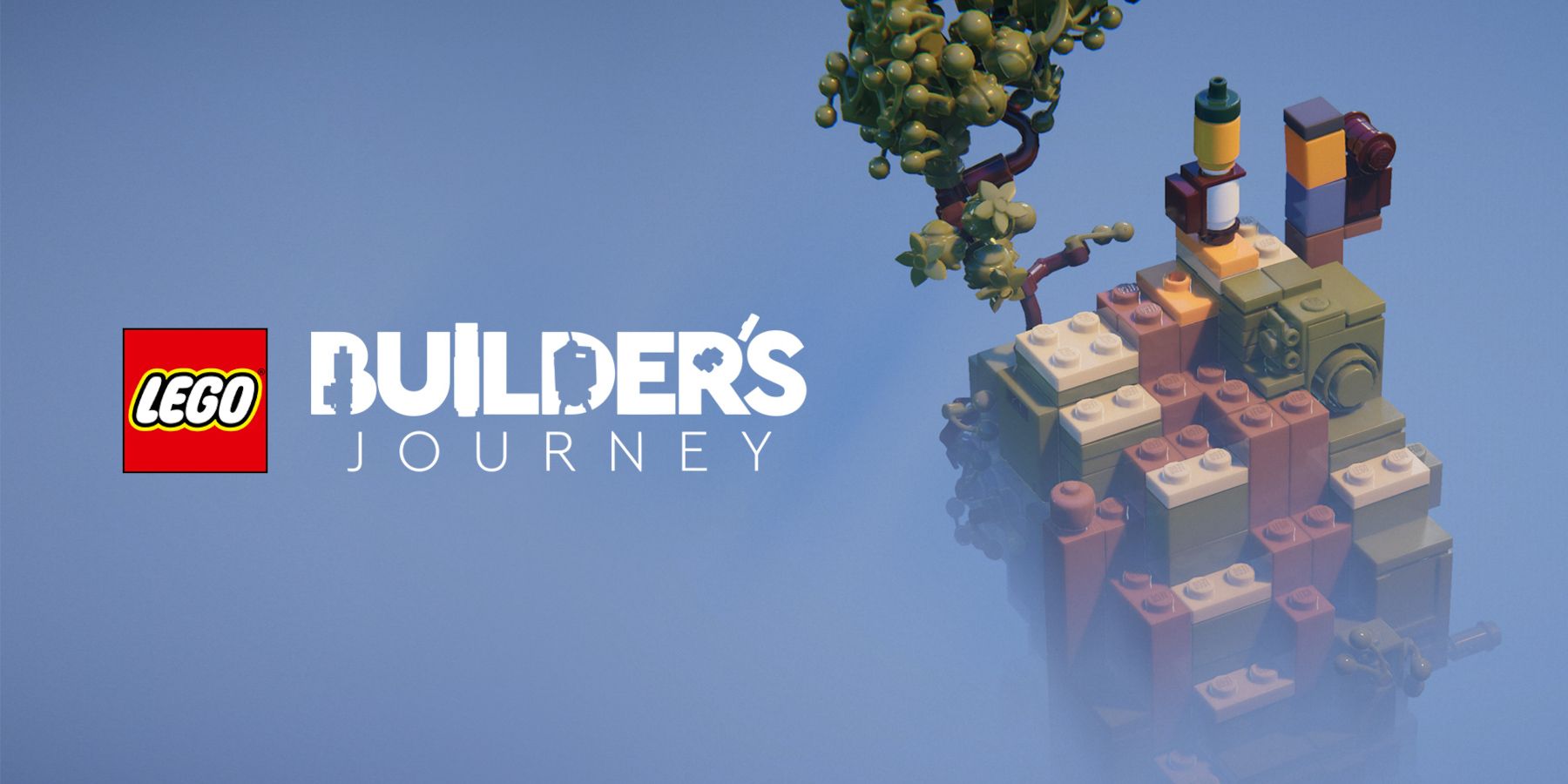 Arte da jornada do LEGO Builder representando dois pequenos personagens no topo de uma vinheta de um caminho construído com peças.