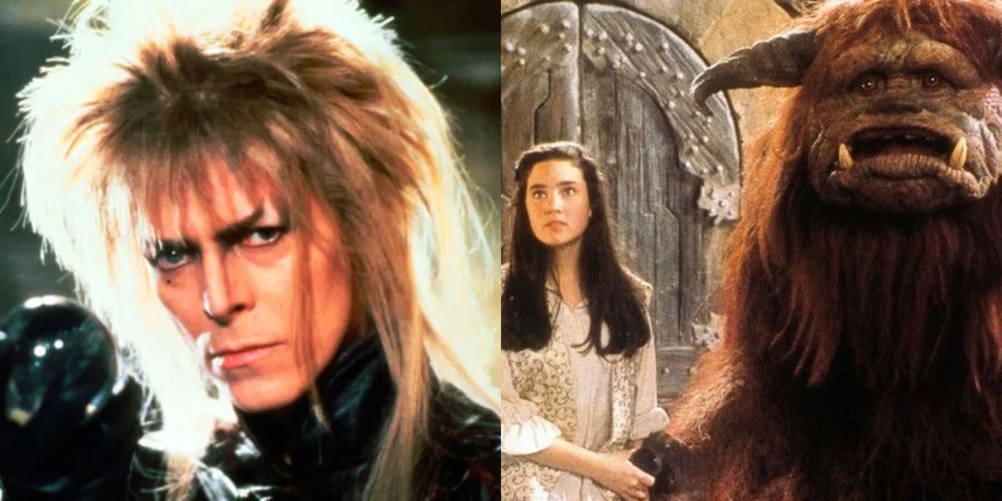 Split image showing Jareth and Sarah with Ludo in Labyrinth.