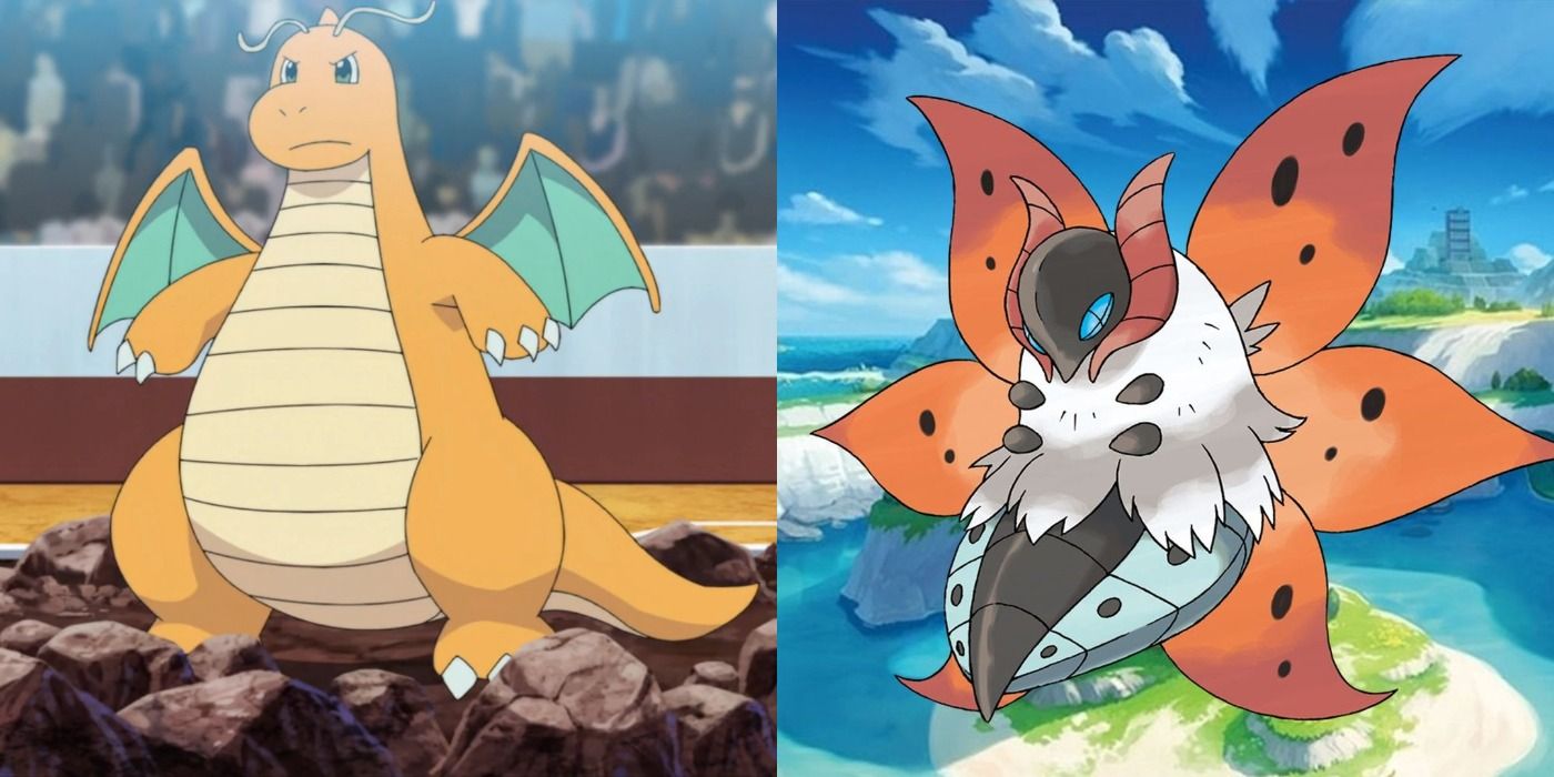 A split image of Dragonite and Volcarona Pokemon