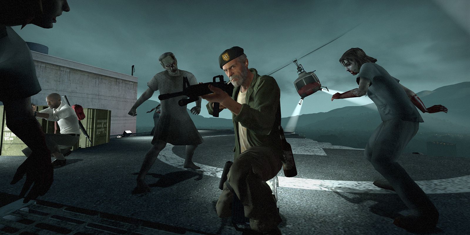 The characters from Left 4 Dead taking on zombies as a helicopter arrives.