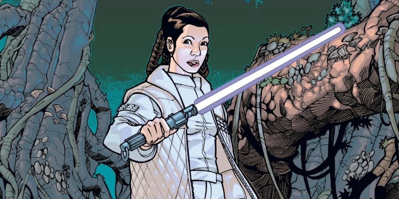 Leia training with a lightsaber on Dagobah.