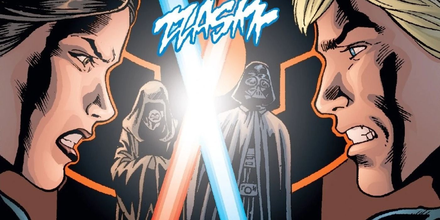 Leia dueling Luke before Emperor Palpatine and Darth Vader.