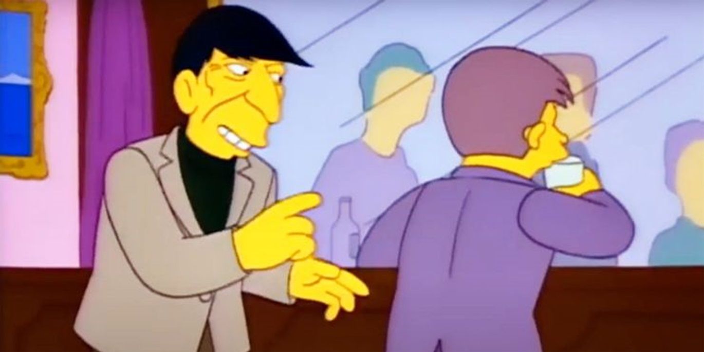 Leonard Nimoy bothers a passenger on the monorail in The Simpsons