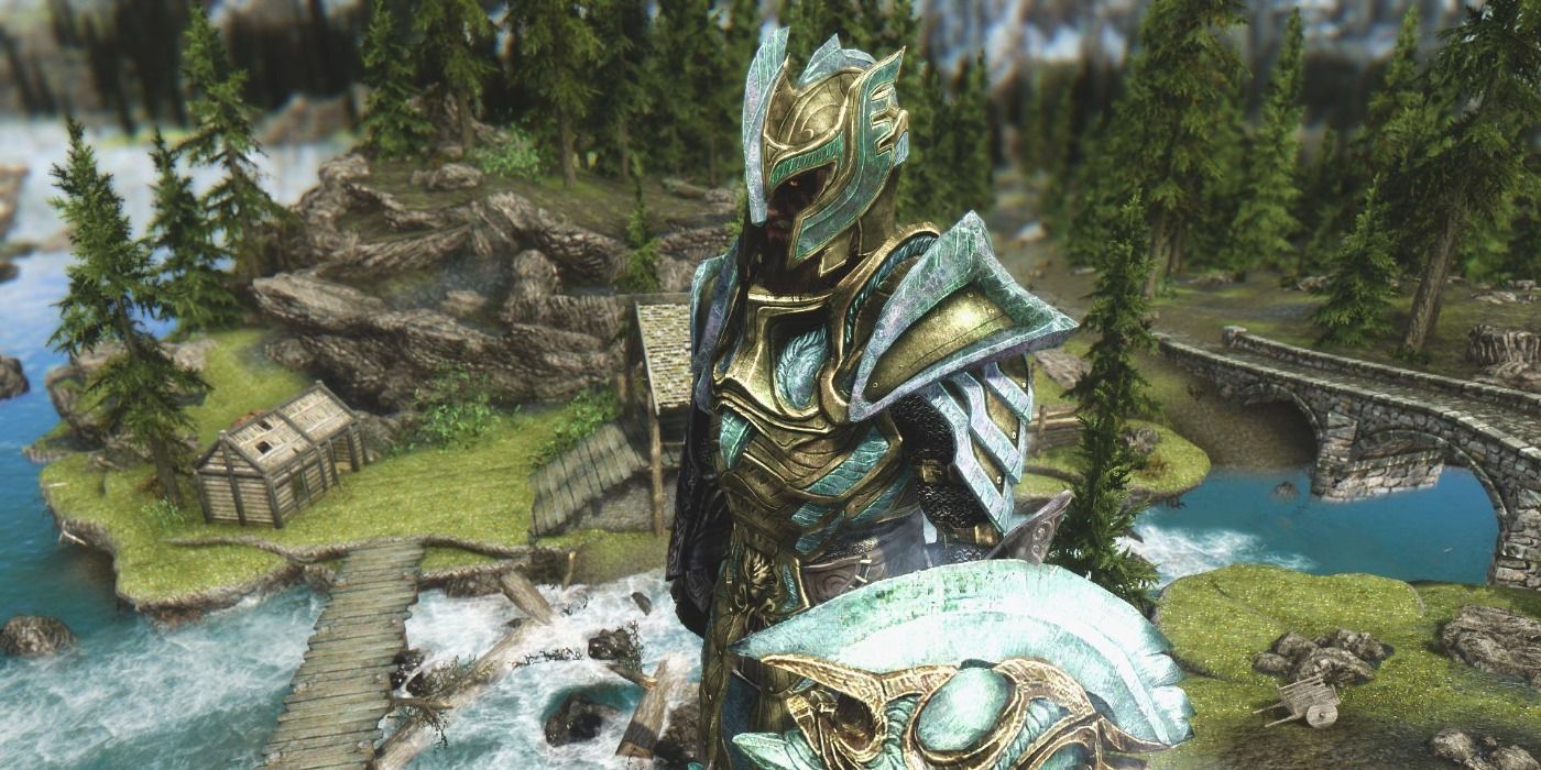 The player character wearing Skyrim's Glass Armor set.