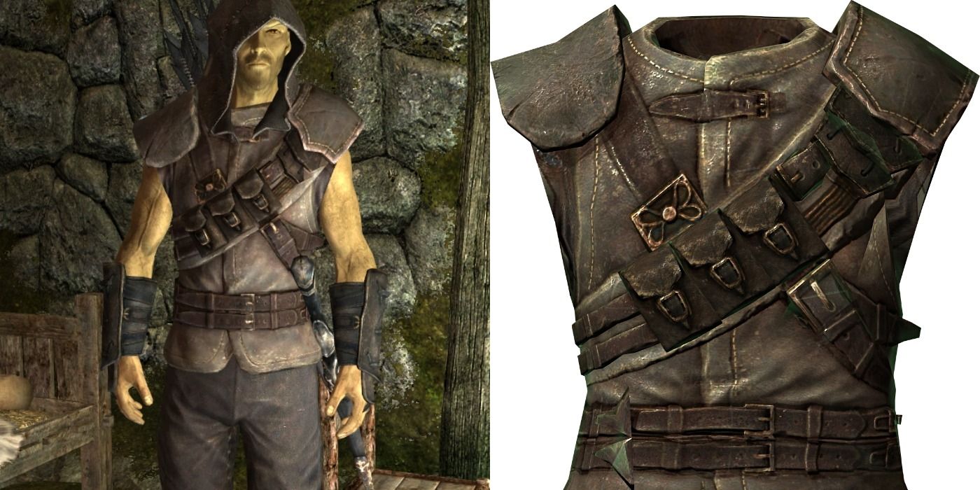 Split image of Linwe wearing his titular armor set and a close-up of the chest piece.