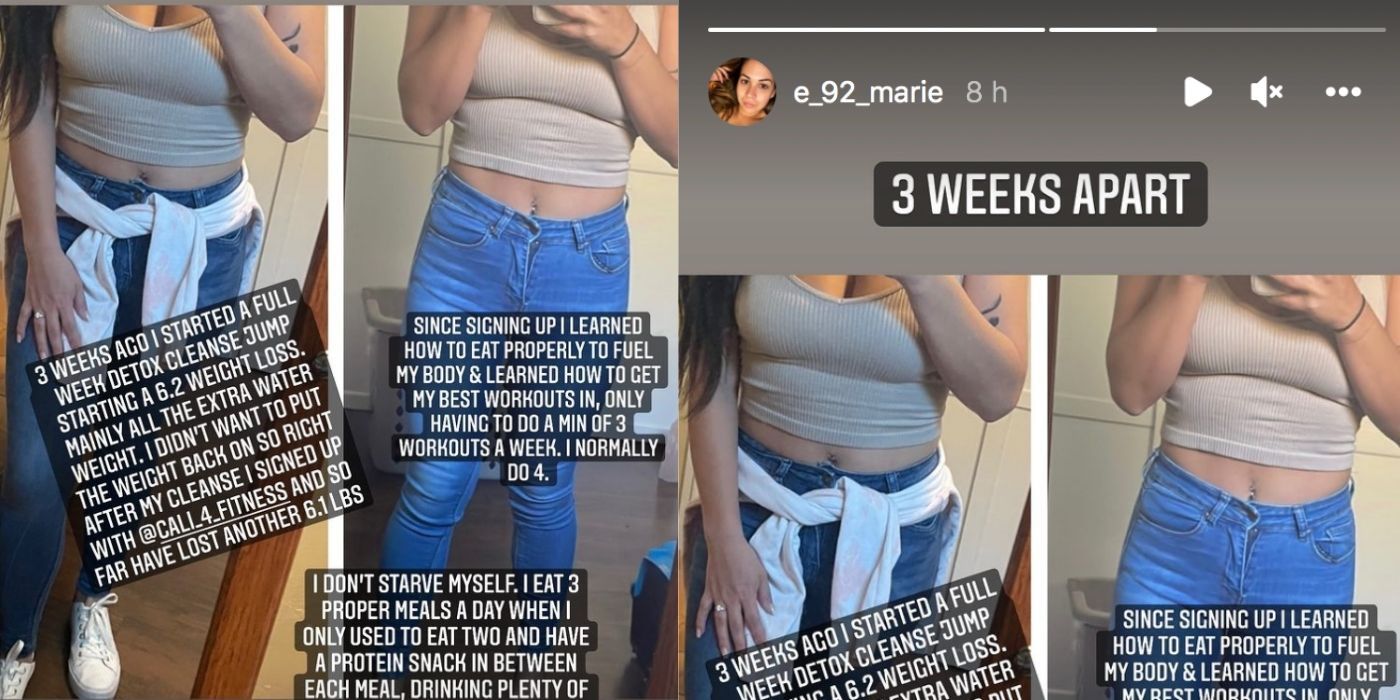90 Day Fiance Liz Woods Weight Loss Instagrm Stories four side by side images with captions