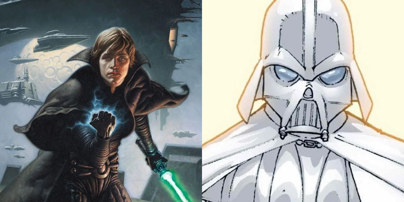 Split image of Luke in Dark Empire and a reformed Anakin in Infinities: Return of the Jedi.