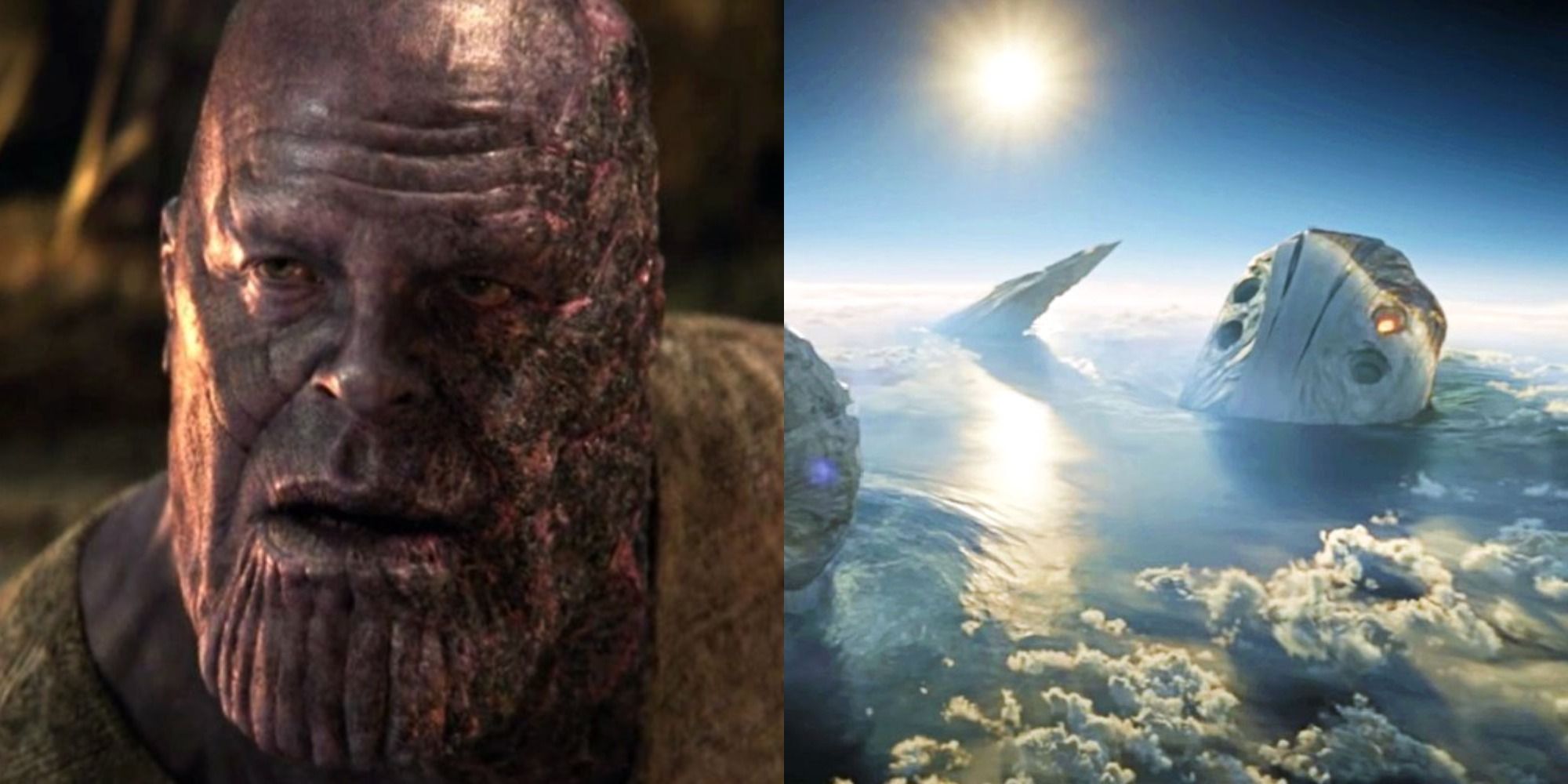 Split image of Thanos and the Celestial