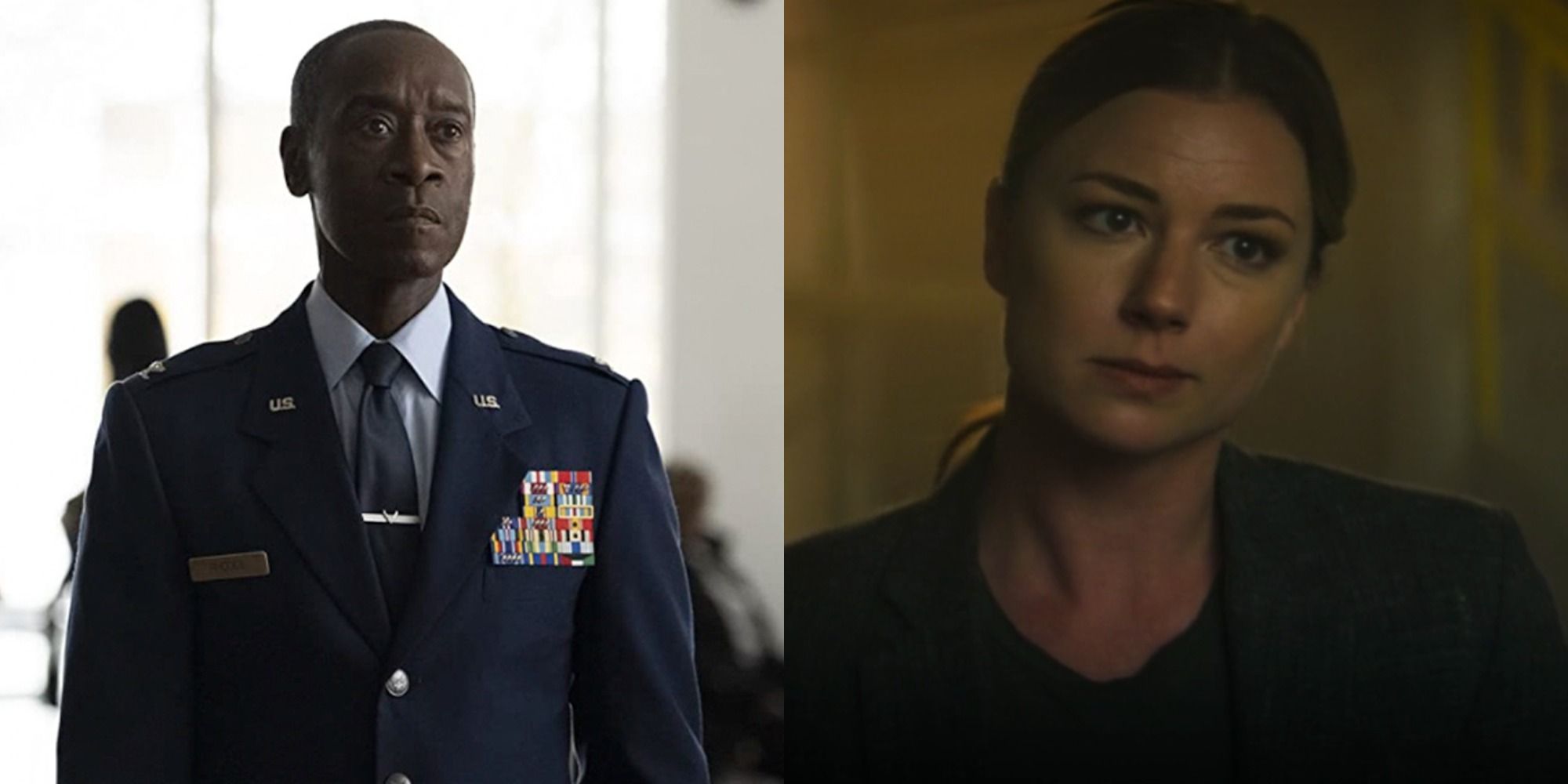 Split image of James 'Rhodey' Rhodes and Sharon Carter in the MCU