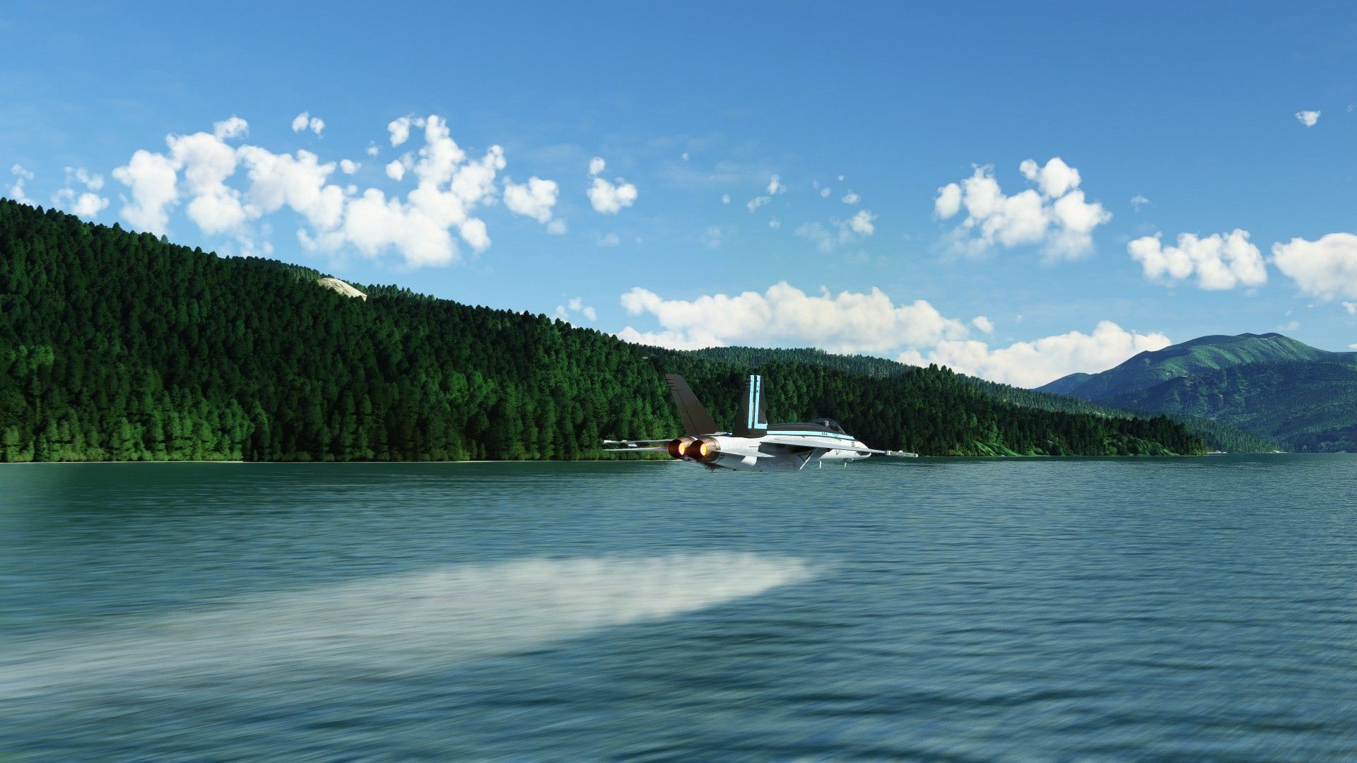 A jet flying over water in the Microsoft Flight Simulator Top Gun DLC.