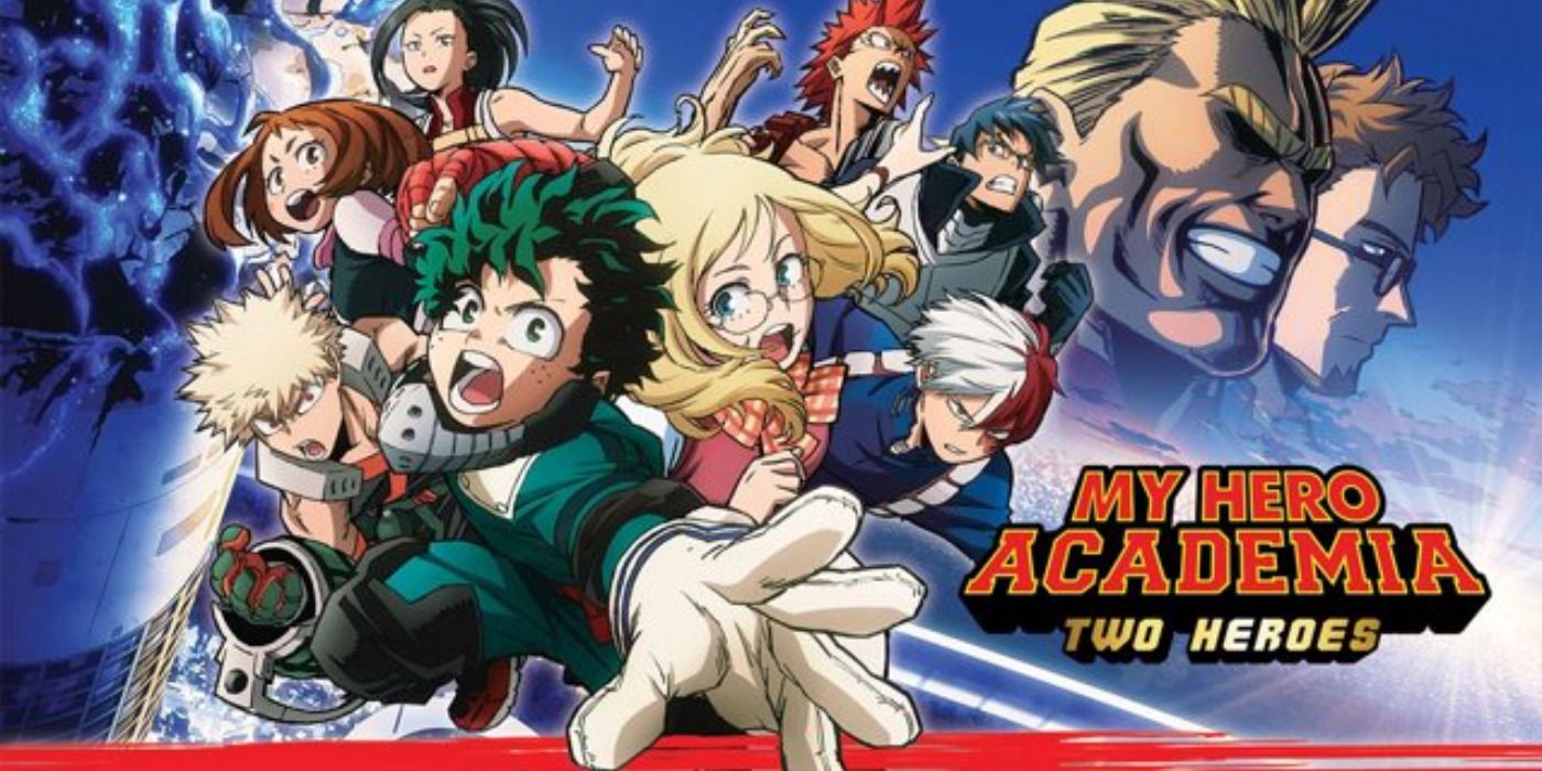 The main cast of My Hero Academia: Two Heroes in key art doing action poses.