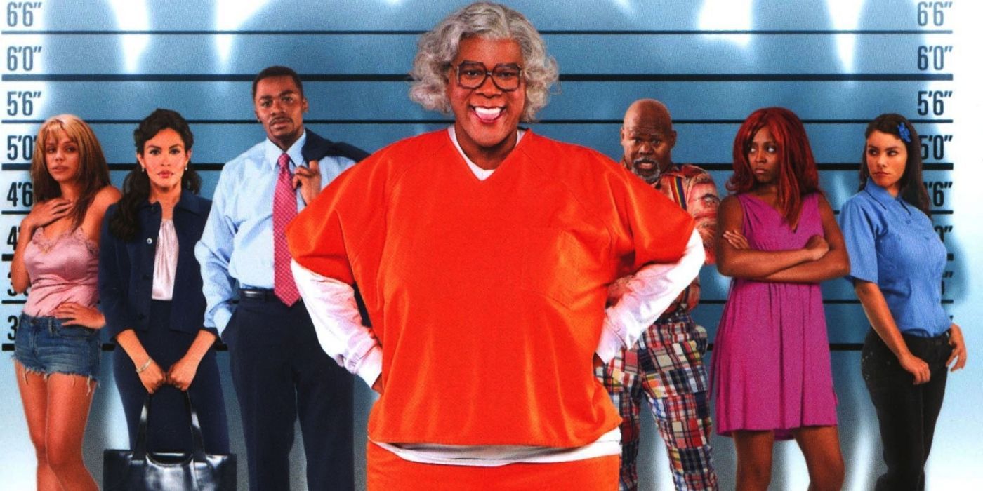Poster for Madea Goes to Jail with the charactes along a police line-up