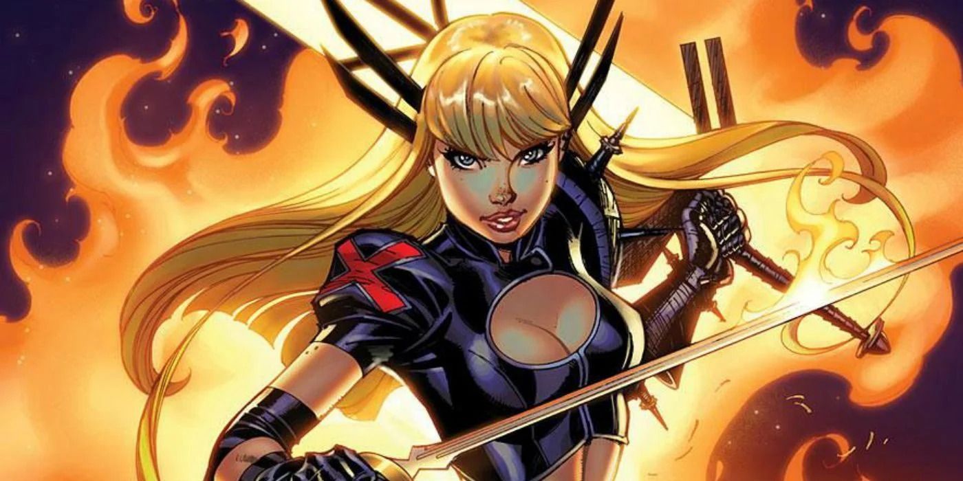 Magik smiling while holding two long swords, with fire behind her.
