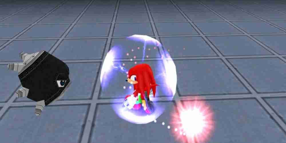 Knuckles looks around with the Magnetic Shield in Sonic Adventure.