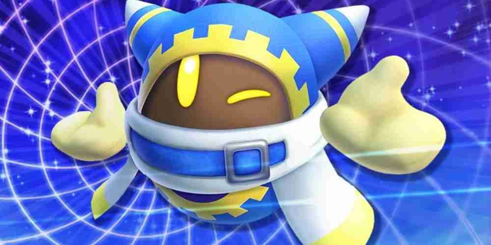 Magolor flies in with the other dimension of Kirby in the background.